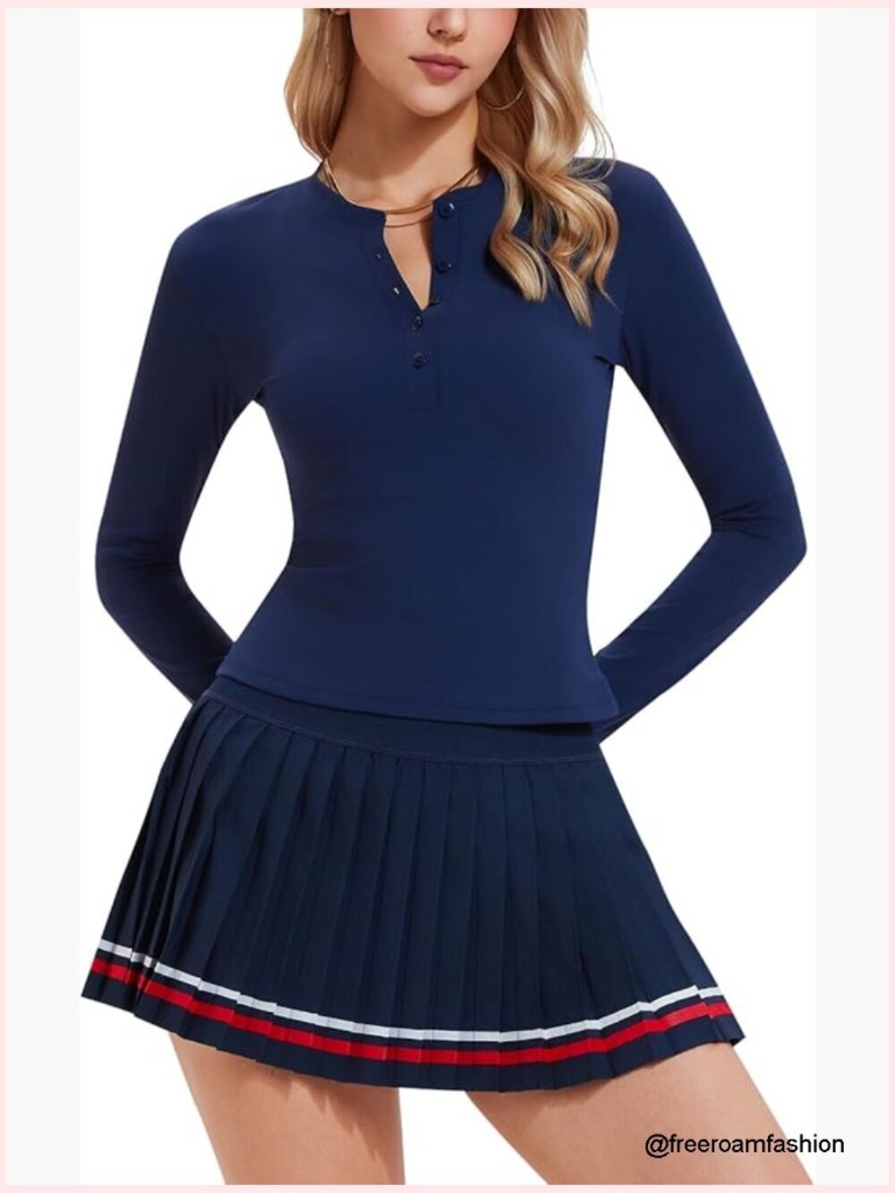 Long Sleeve Henley & Pleated Skort Set - Tennis Pickleball Golf Outfit